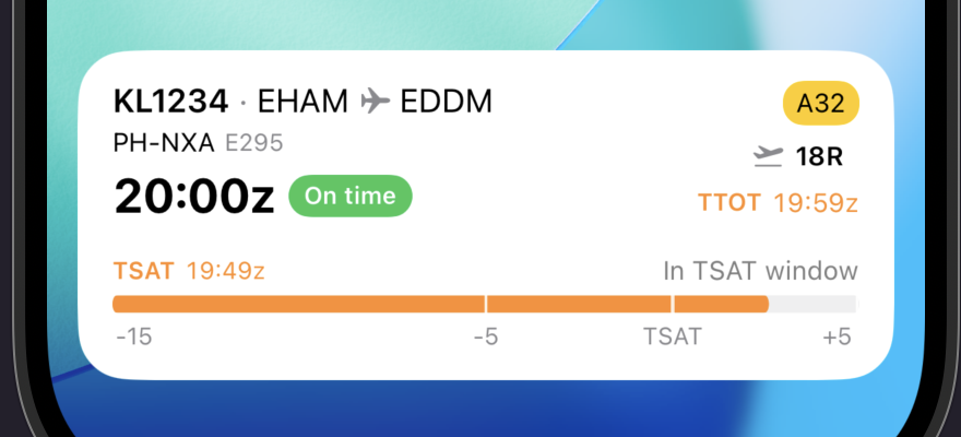 Jetlog Live Activity departure card on the iPhone lock screen showing flight KL1234 EHAM to EDDM, on time, with the TSAT ramp window.
