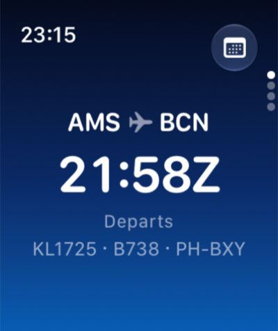 Jetlog on Apple Watch: the Today page showing the next flight with route, departure time, flight number, aircraft type and registration.